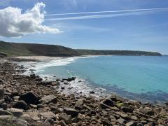 Headland negotiated and heading down to the beach at Sennen Cove
